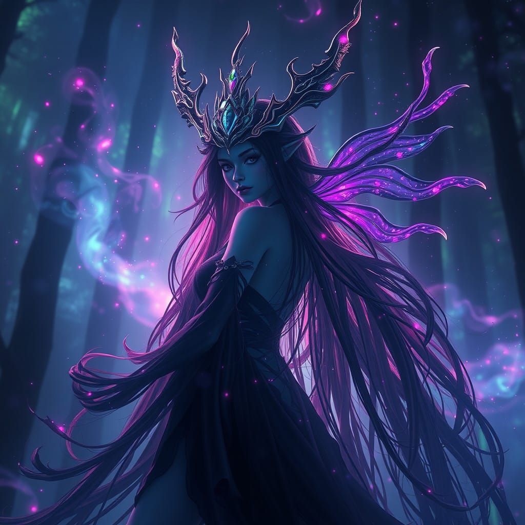 Mystical Banshee in a Radiant Bioluminescent Forest