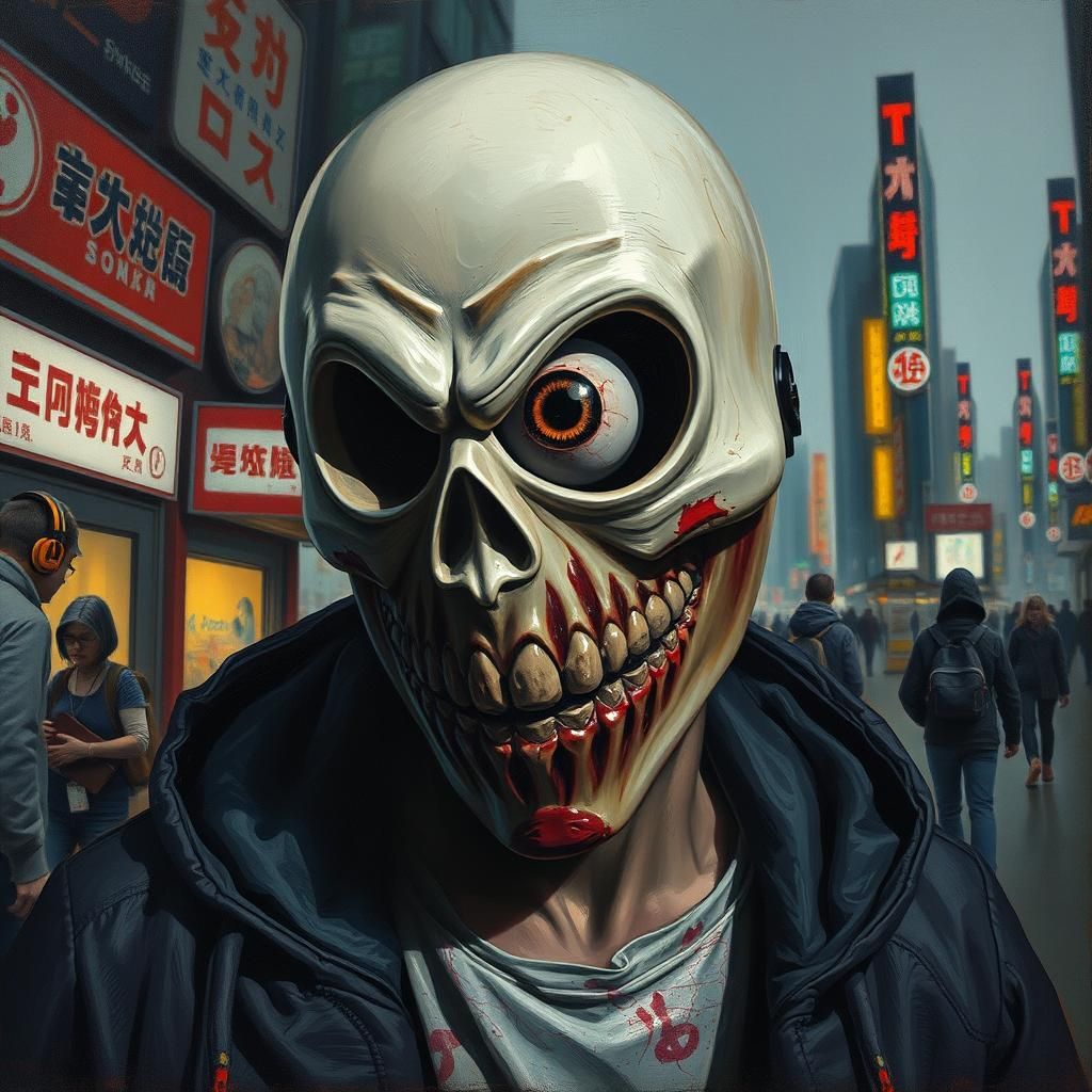 Creepy Masked Figure in Tokyo: Cyberpunk Horror Art