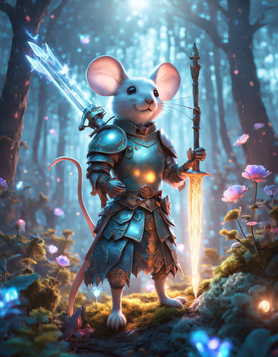 Ethereal Mouse Knight in Moonlit Enchanted Forest
