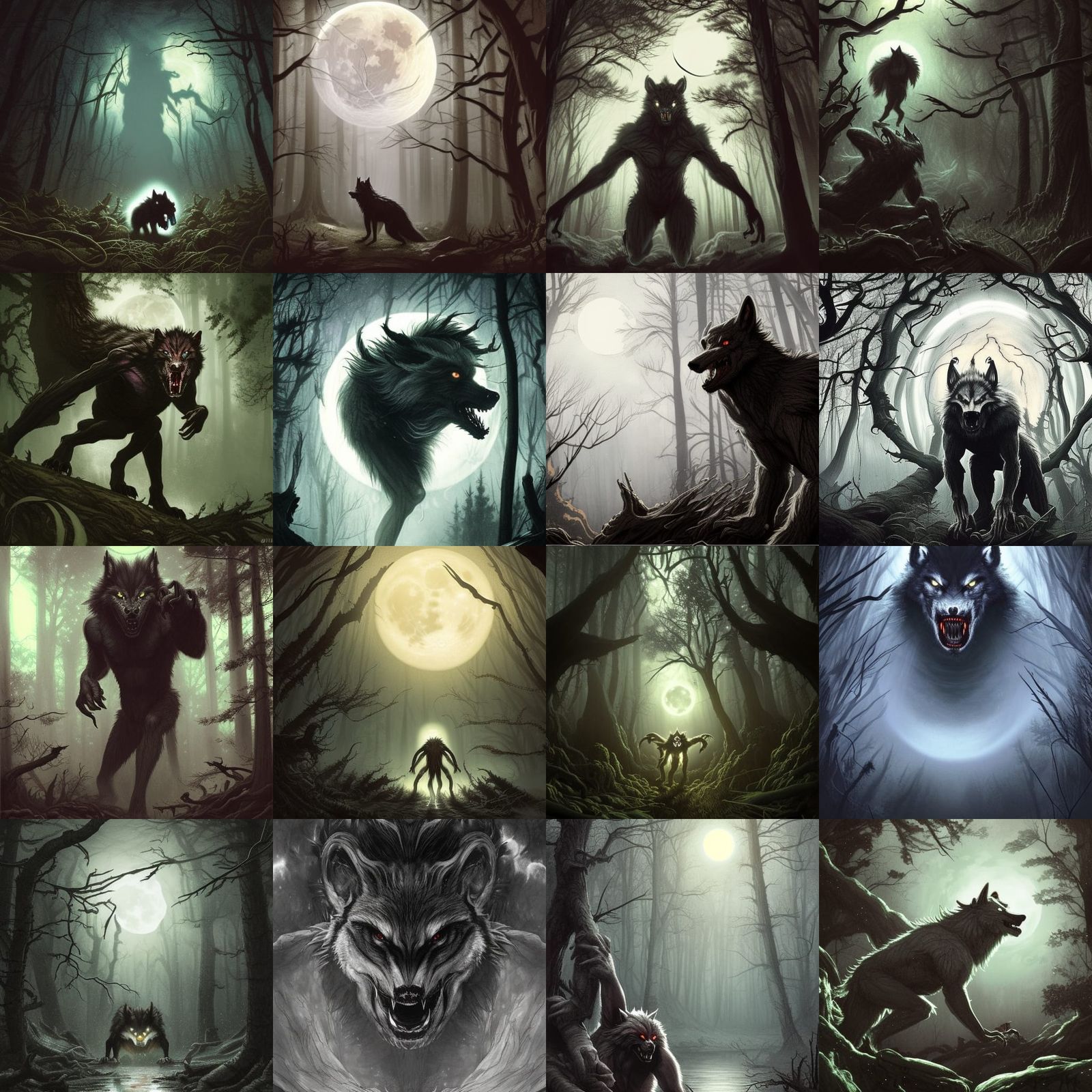 Glowing Eyed Werewolf Portrait in Moonlit Forest