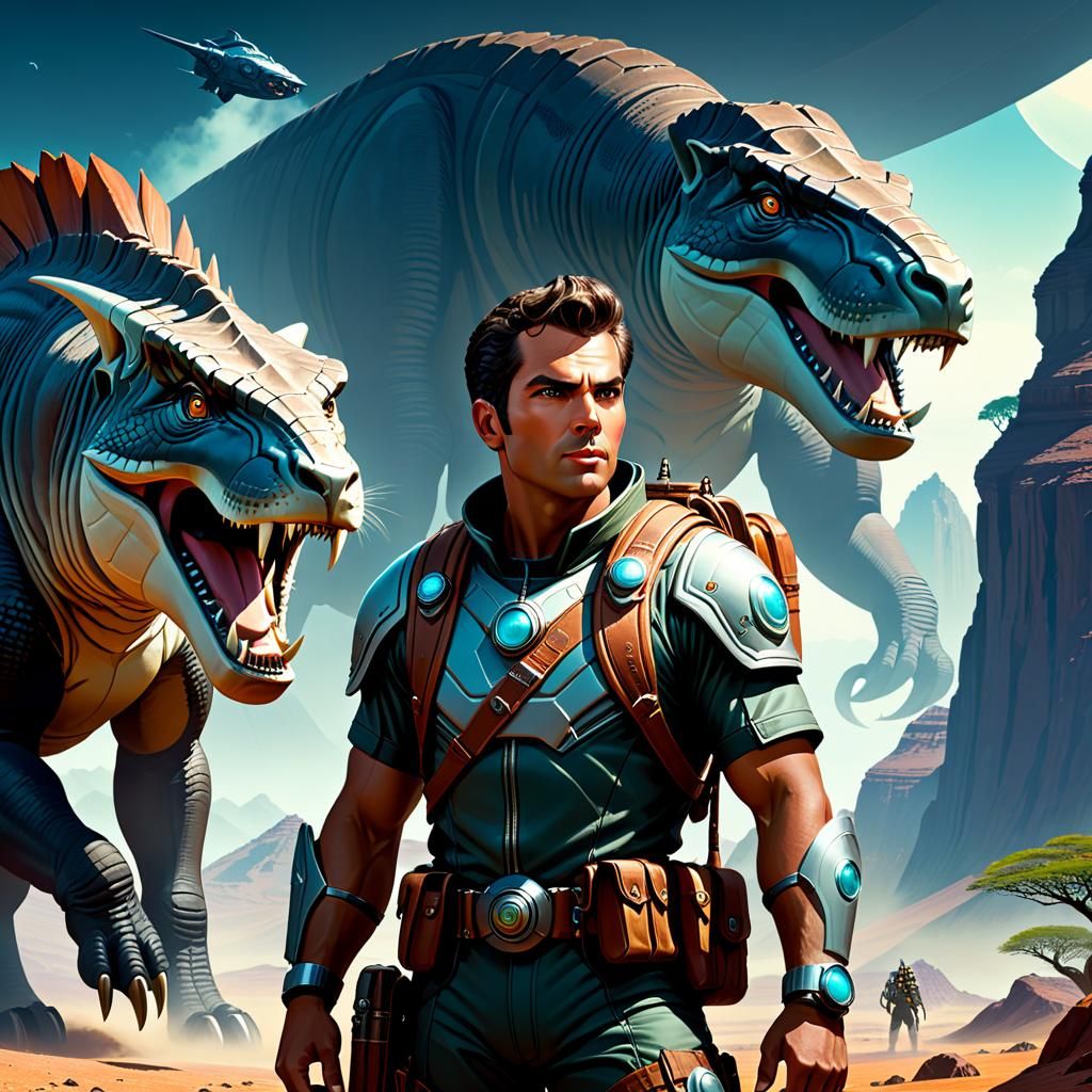 Intrepid Adventurer in Prehistoric Retrofuturism Style