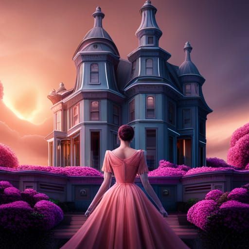 Photorealistic Woman at Haunted Mansion in Dramatic Lighting