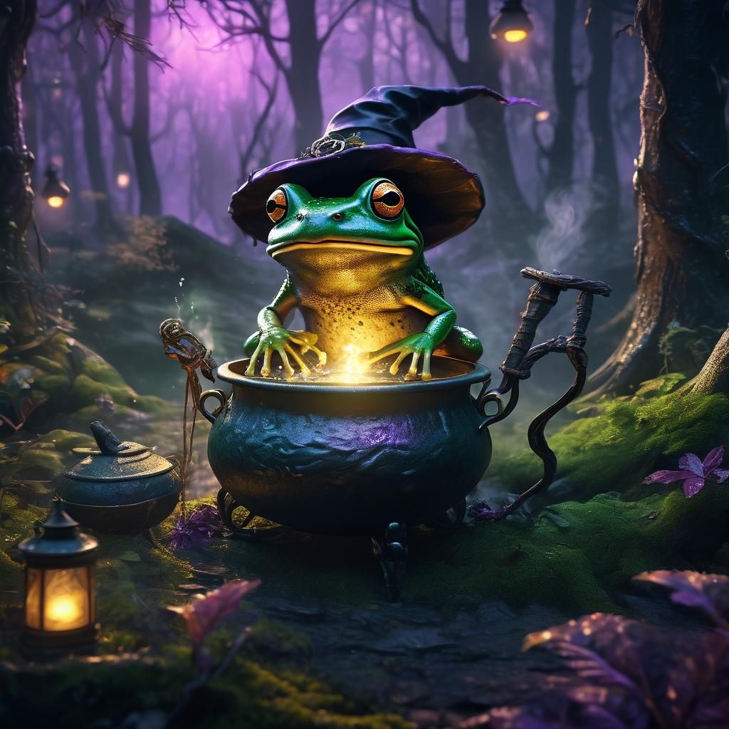 Mystical Frog Witch Brewing Potion in Forest