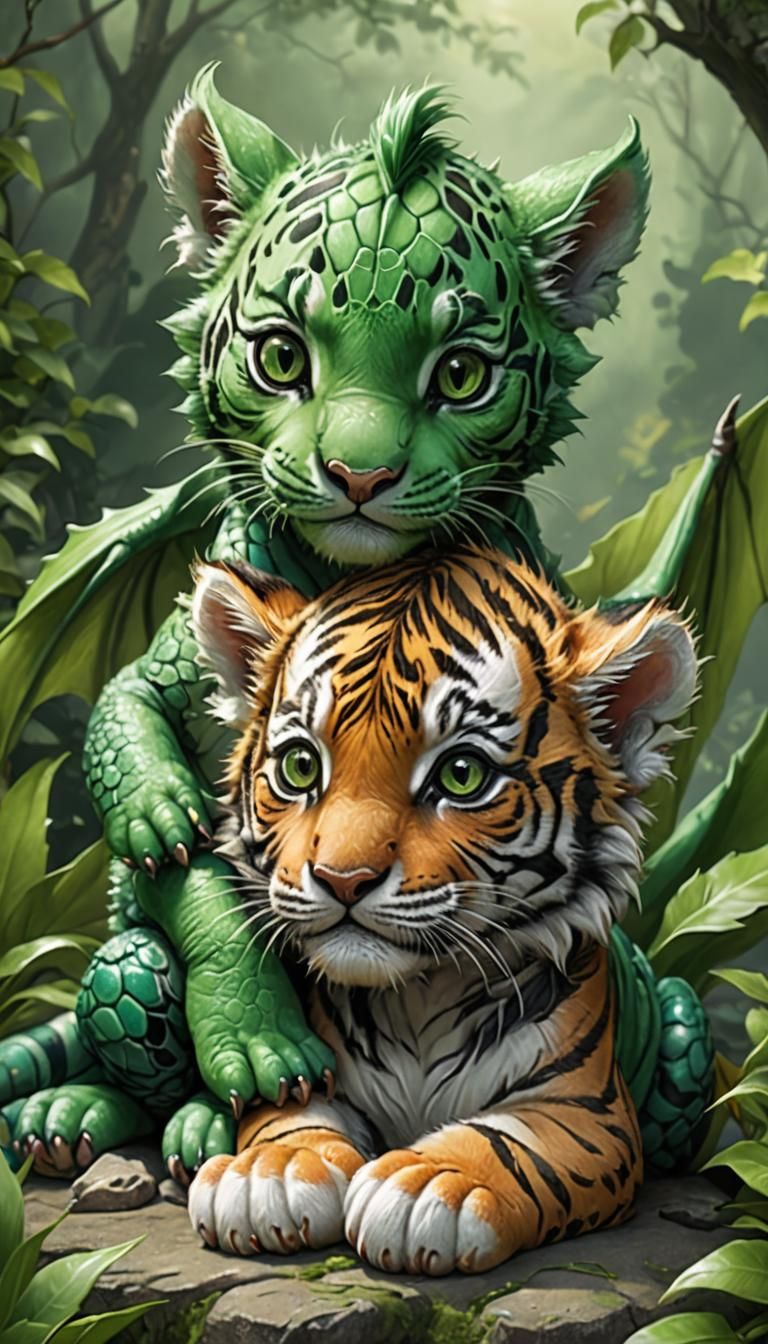 Baby Tiger and Green Dragon Cuddle