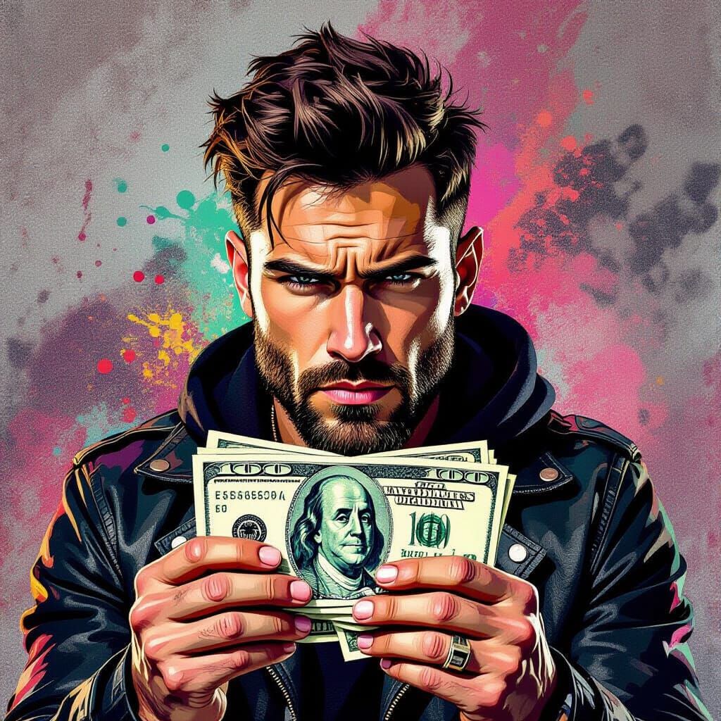 Man Clutching Cash in Vibrant Graffiti Art Style