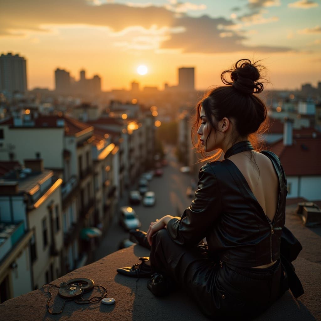 Badass Brunette Woman on Rooftop at Sunset