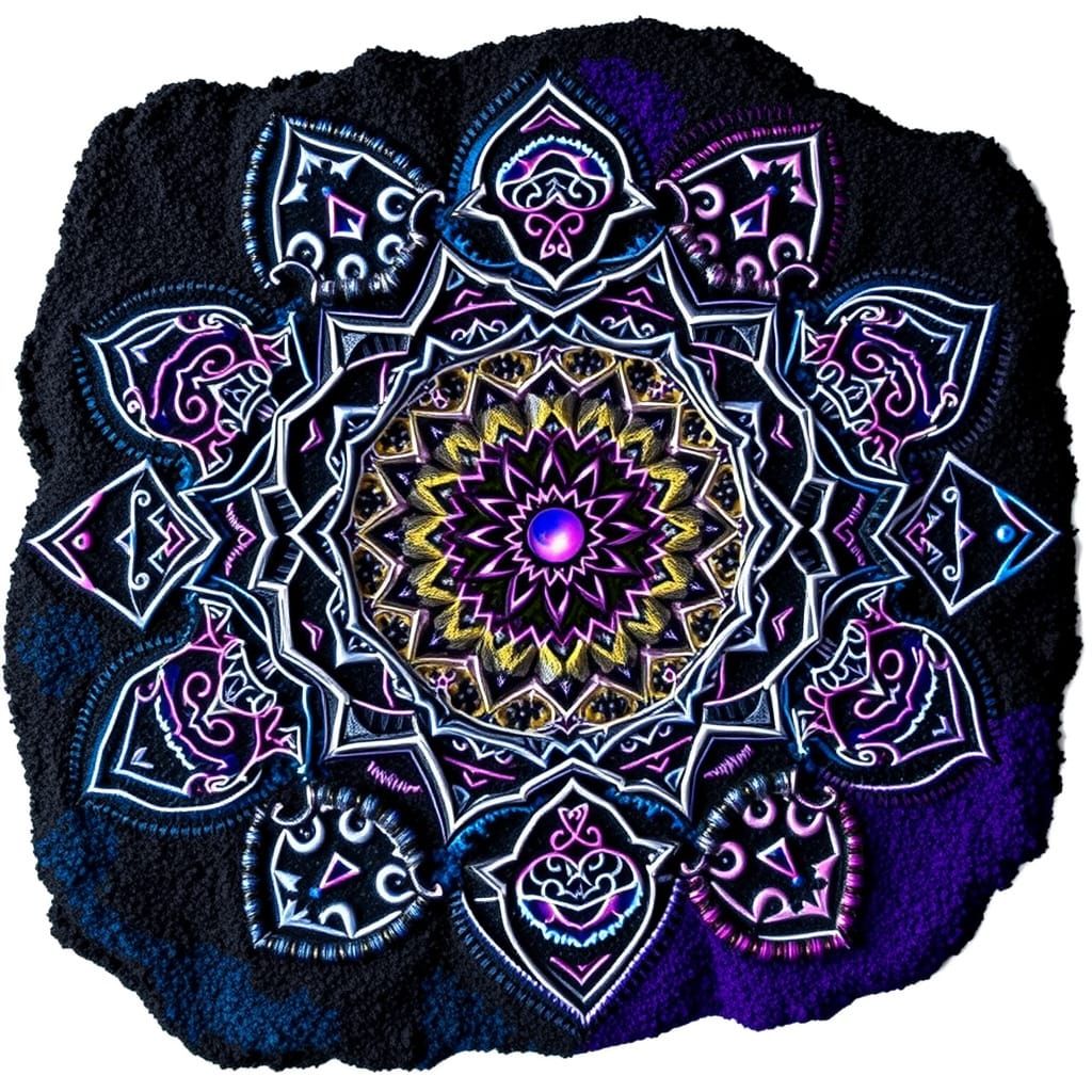 Geometric Sand Mandela in Black, Purple, and Blue
