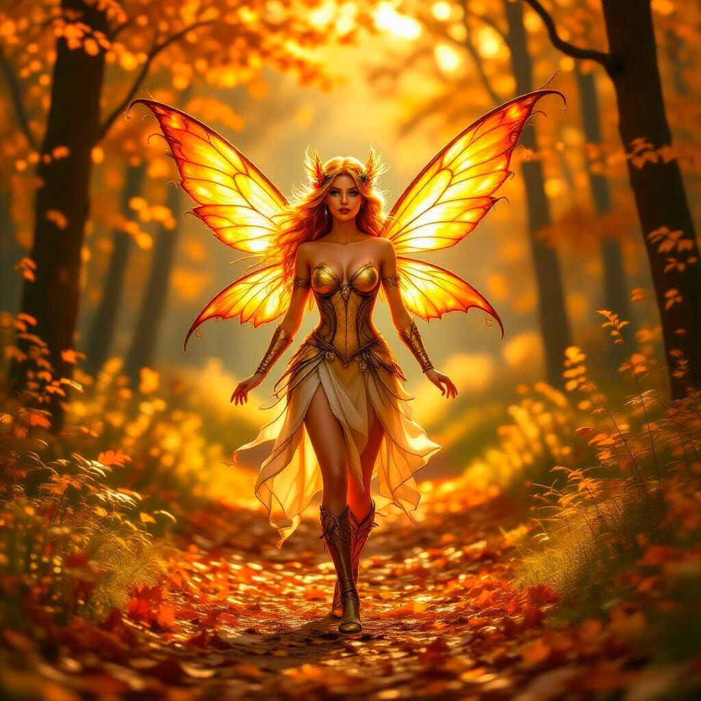 Golden Fairy with Fiery Wings on Autumn Woodland Path