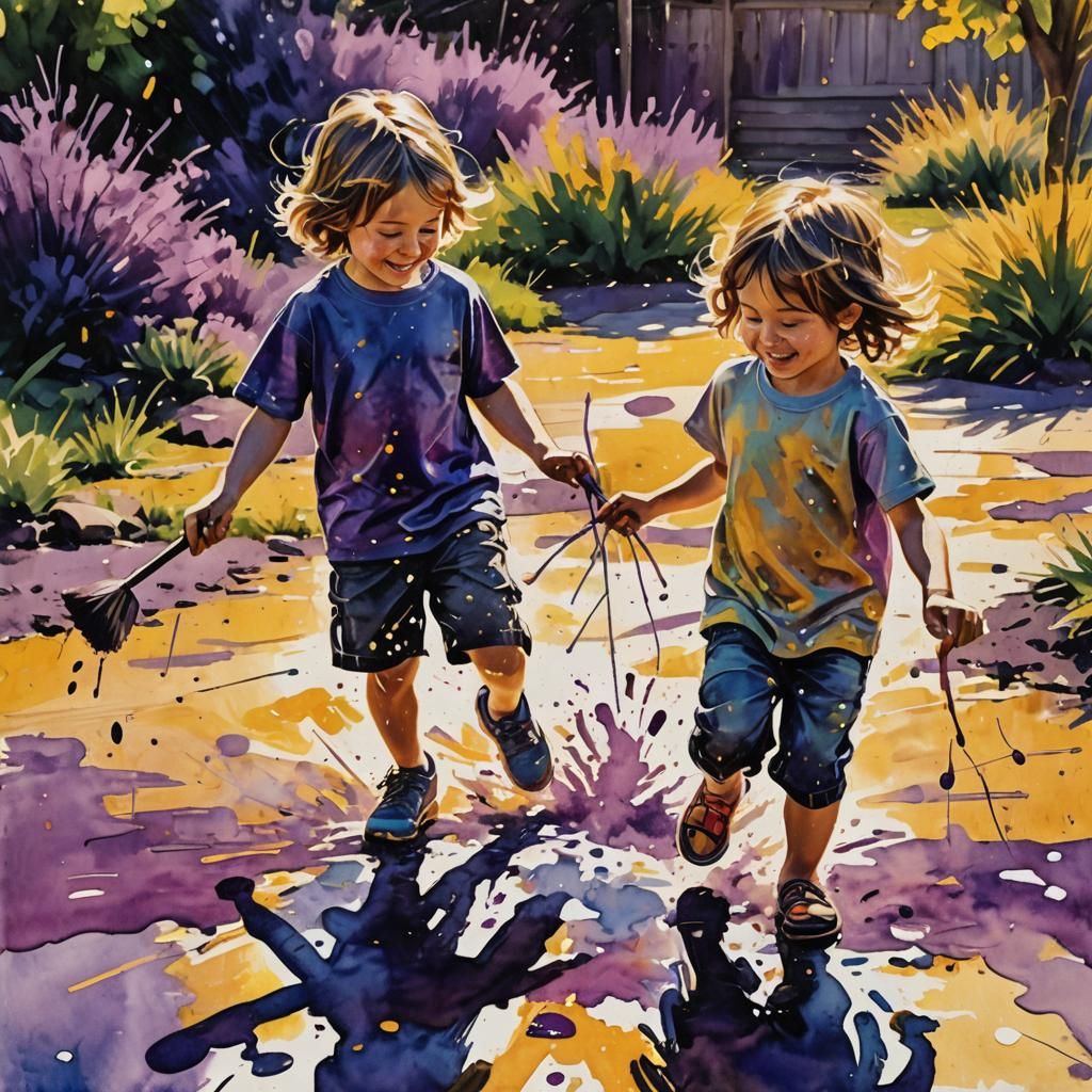 Children Playing in Backyard: Ink Splatter Impasto