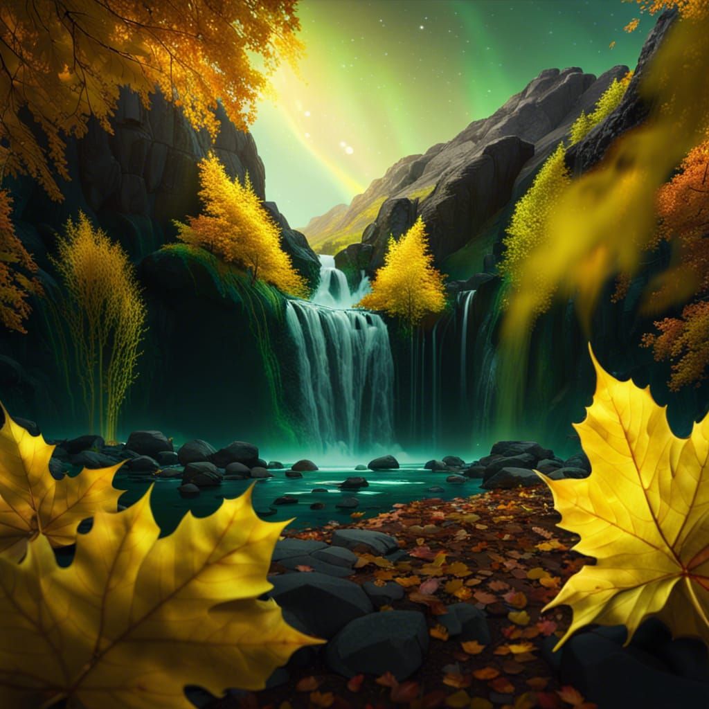 Waterfall with Autumn Leaves and Aurora Borealis