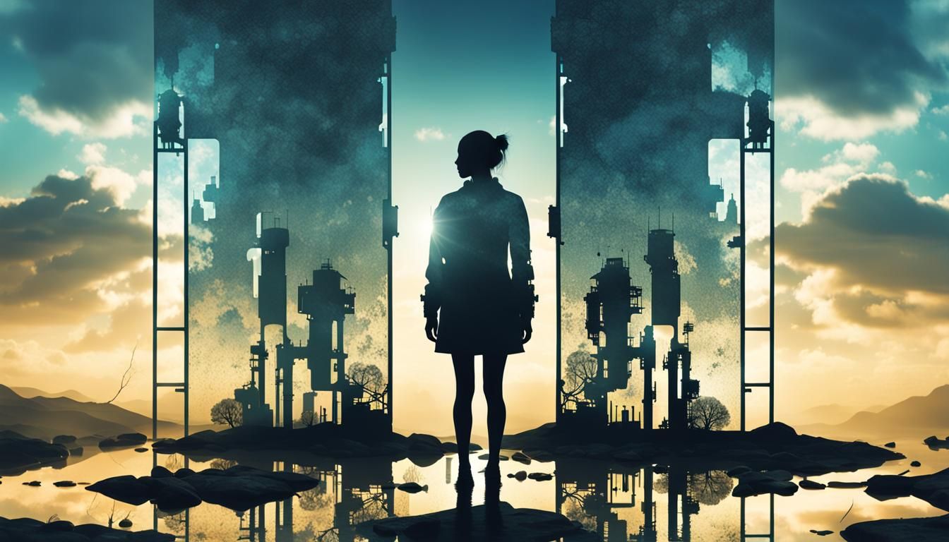 Cyborg Silhouette in Post-Apocalyptic Double Exposure