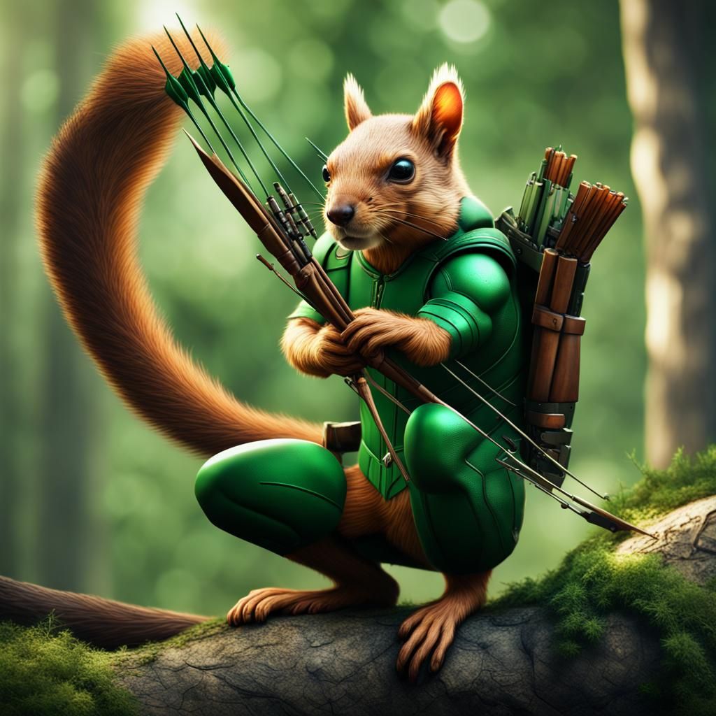 Green Arrow Squirrel in Hyper-Realistic Detailed Painting