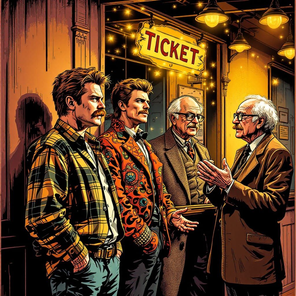 Nick Offerman, David Bowie, Theodore Roosevelt, and Bernie Sanders buying theater tickets
