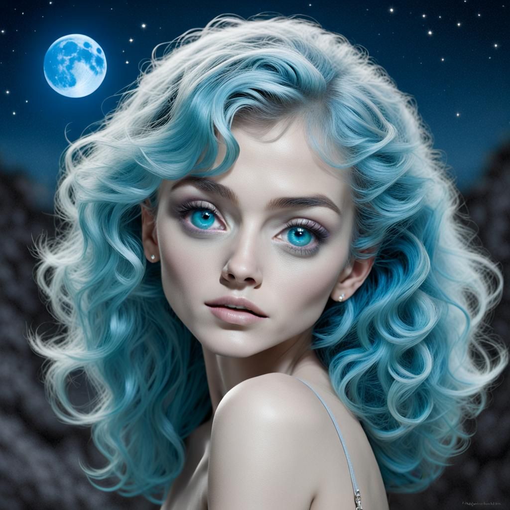 Azure Woman with Emerald Eyes and Shimmering Hair