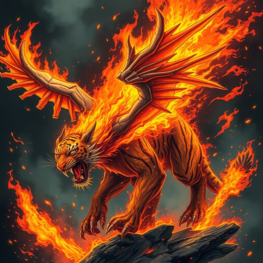 Griffon-Saber Tooth Tiger Hybrid Engulfed in Flames