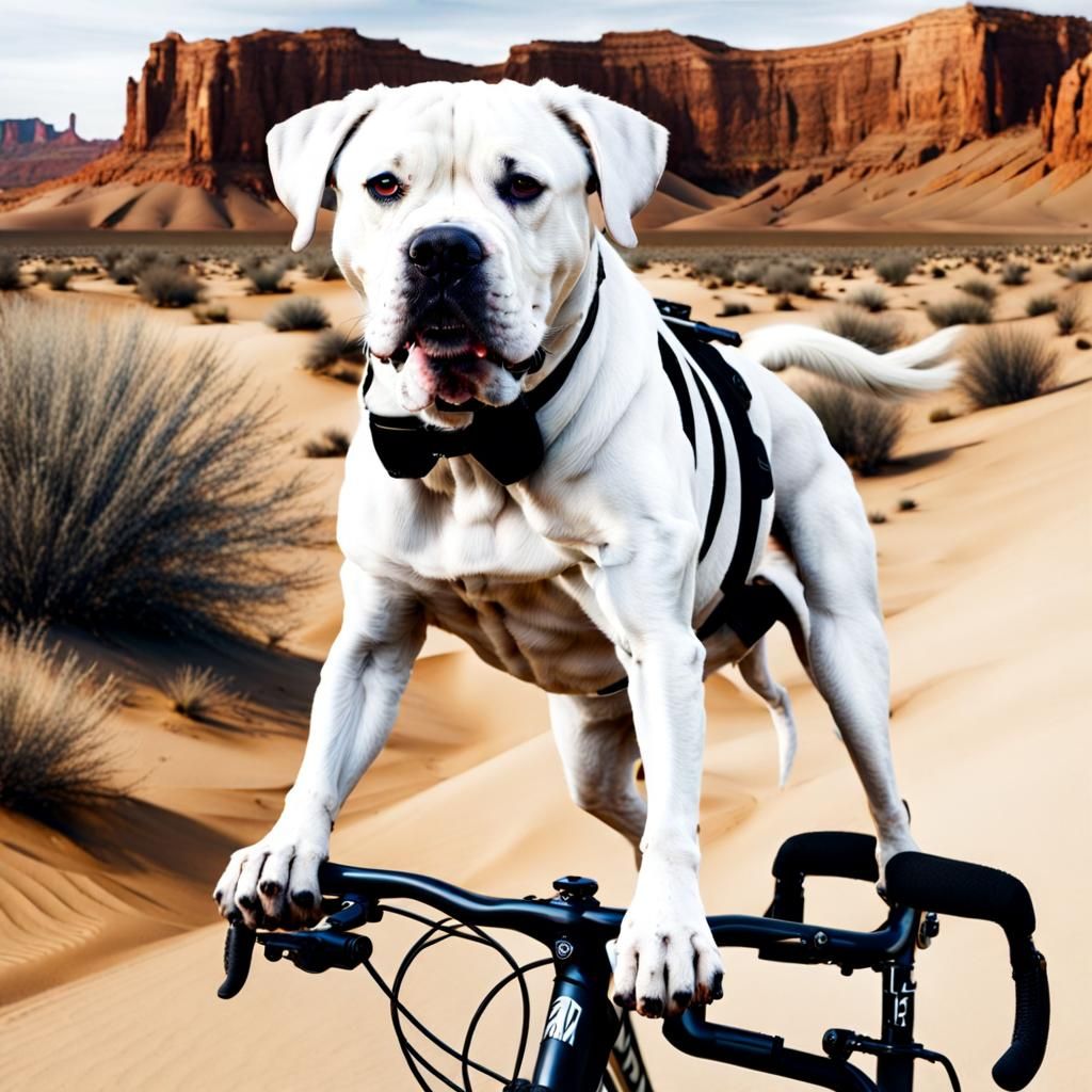 Dog Riding Bike in Desert Landscape