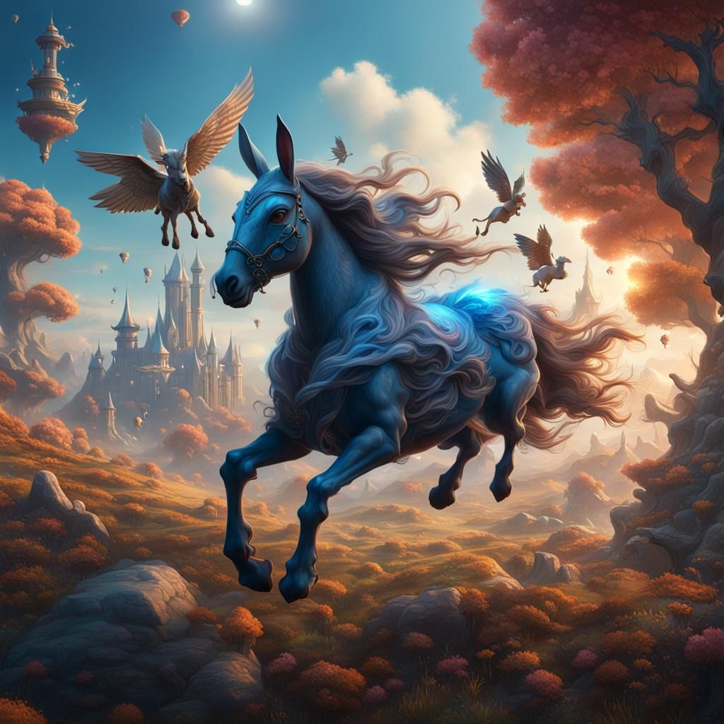 Dreamlike Flying Horses and Bunnies in Fantasy Art