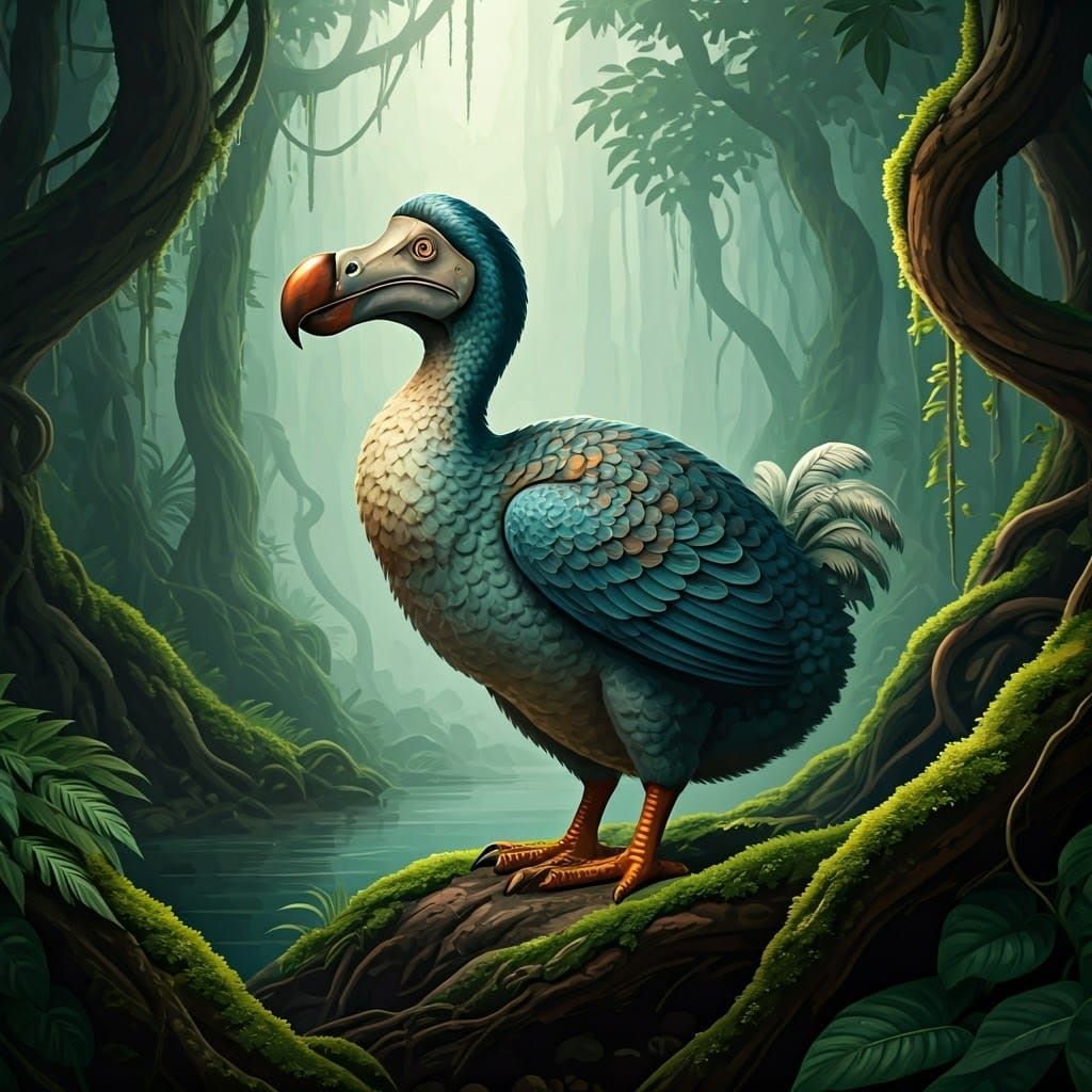 Dreamy Dodo in Prehistoric Forest Illustration