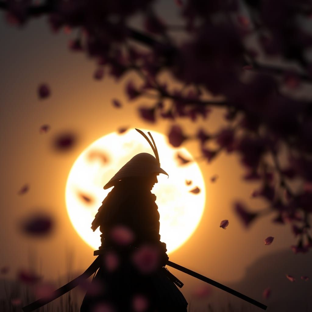 Samurai in Full Moonlight, Sakura Petals Silhouette, Macro P...