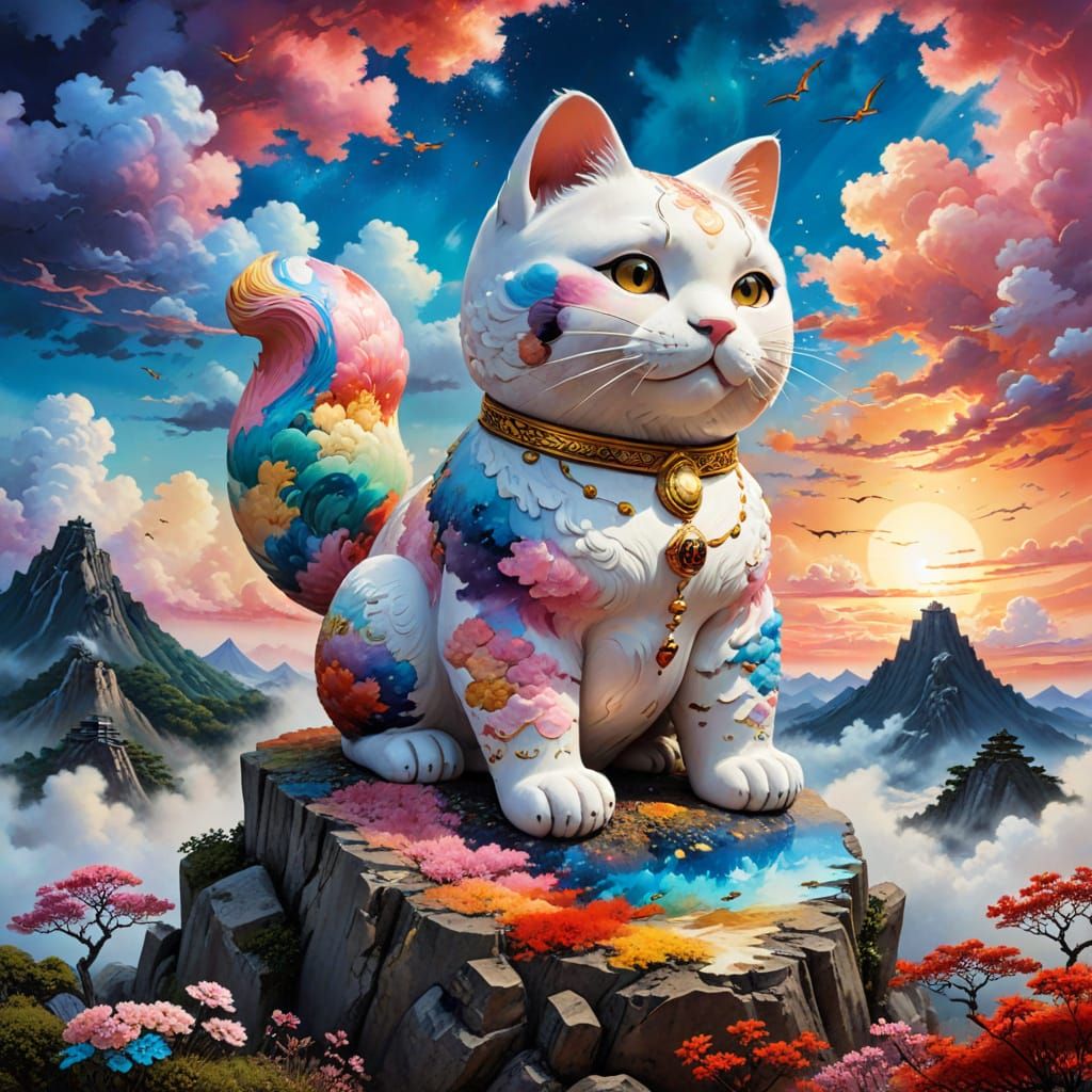 Maneki Neko Surreal Landscape in Sumi-e Style