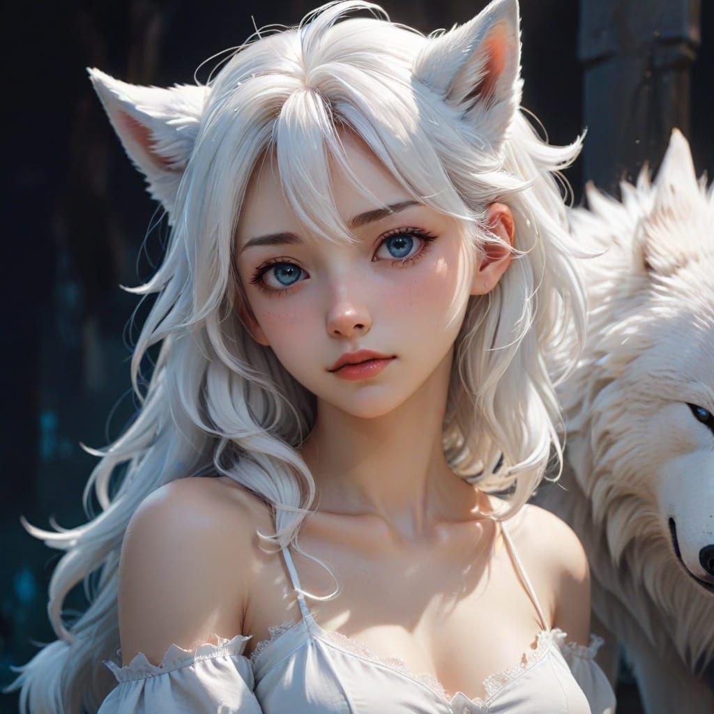 Anime Wolf Girl with Angel in Pastel Colors