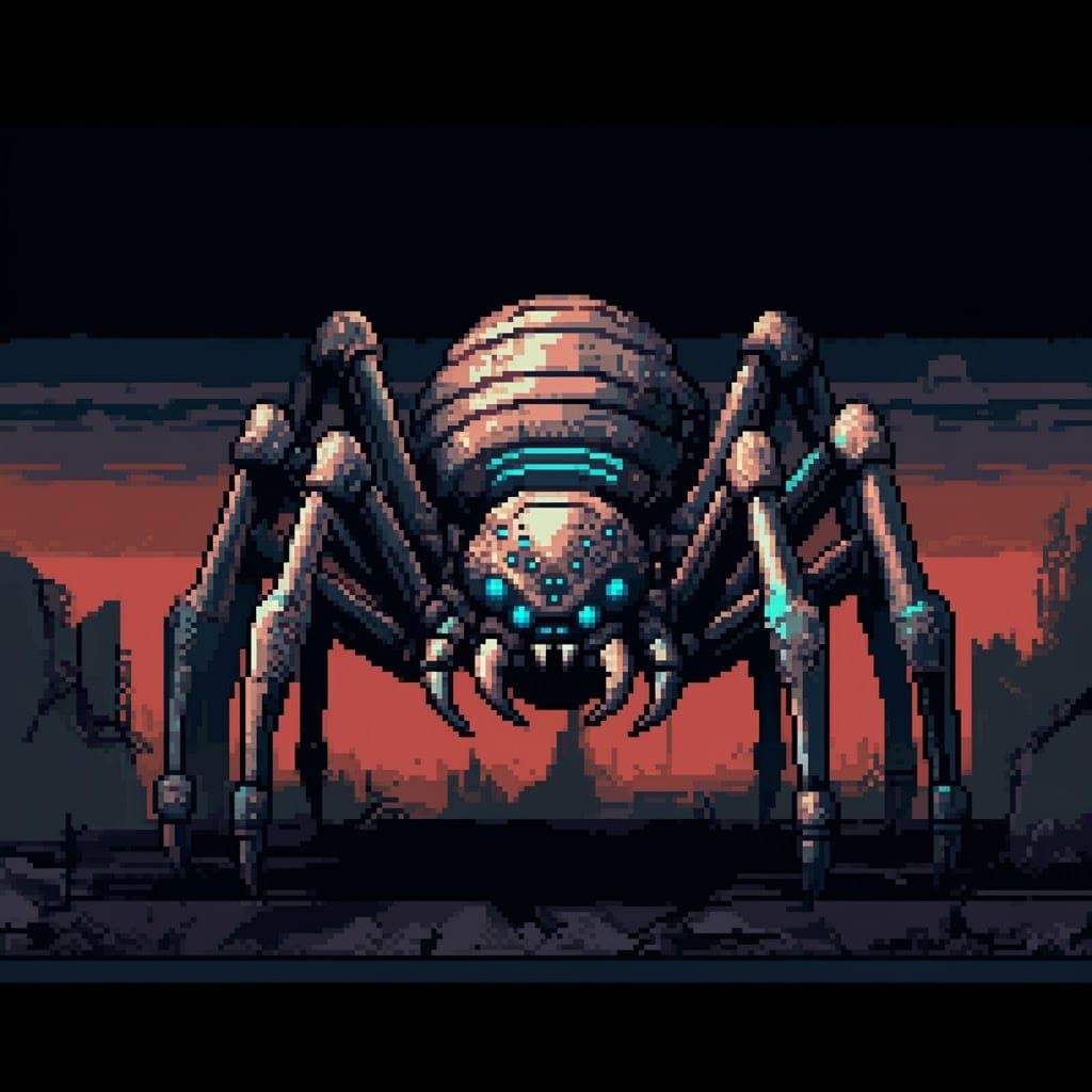 Robotic Spider Over City in 8-bit Pixel Art