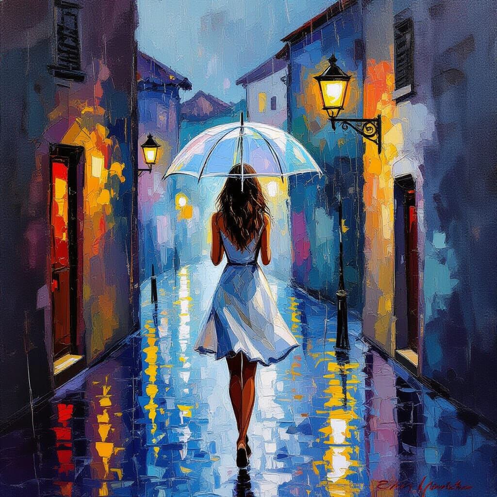 Woman in Rainy European Street as Impasto Oil Painting
