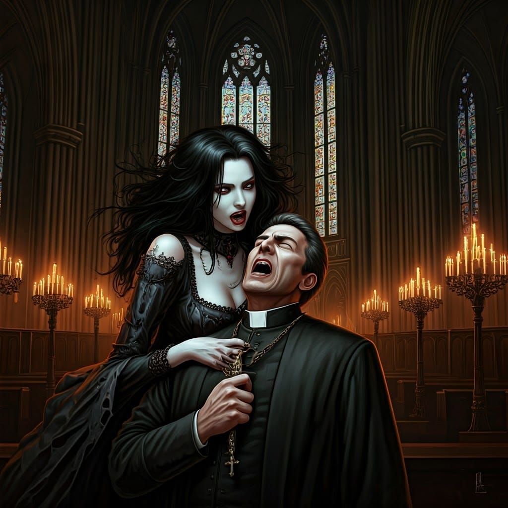 Dark Gothic Vampire Attacks Priest in Cathedral
