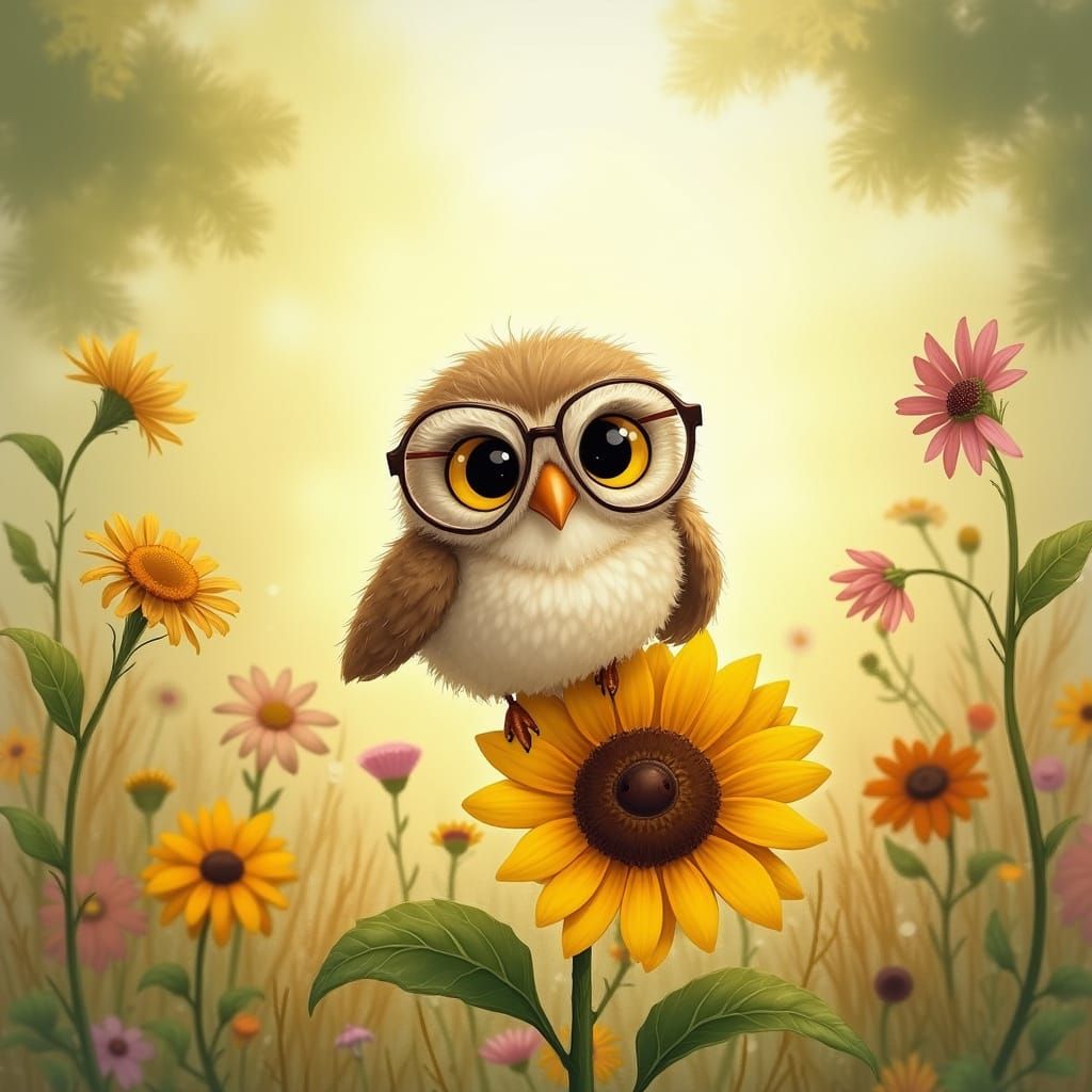 Whimsical Owlet on Sunflower in a Sunny Meadow