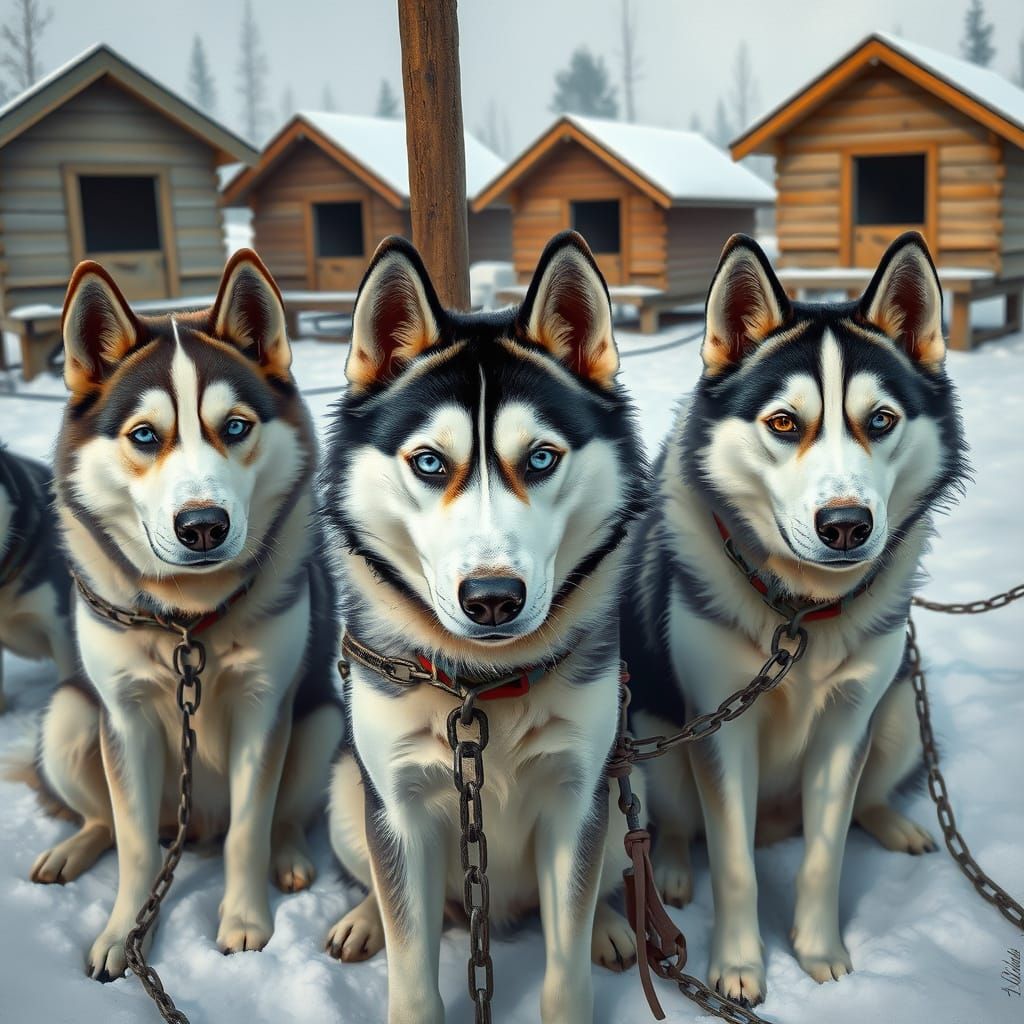 Sled Dog Huskies in Snowy Yard, Emotive Portraits of Canine ...