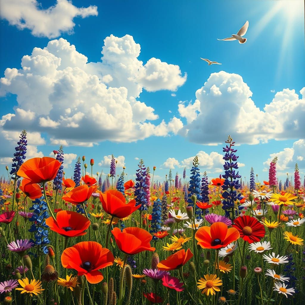 Vibrant Meadow in Full Bloom with Wildflowers and Azure Blue...