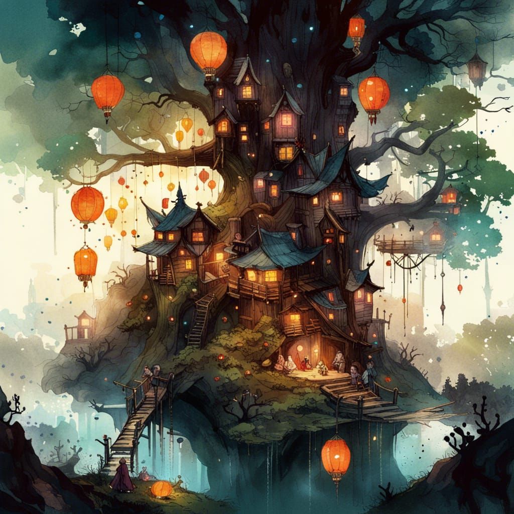 Fairy Village in Ancient Tree: Watercolor Fantasy