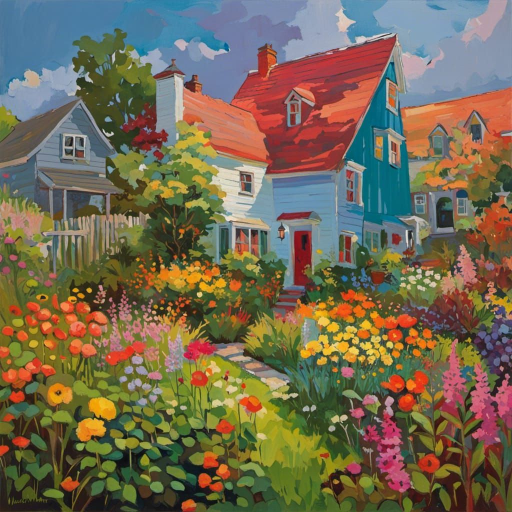 Colorful Garden Between Dark Houses, Impressionist Style