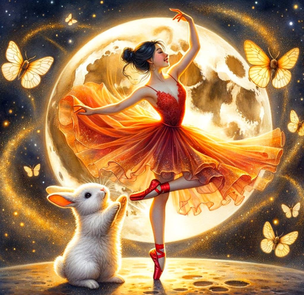 Golden Moonlit Ballerina and Bunny Dance