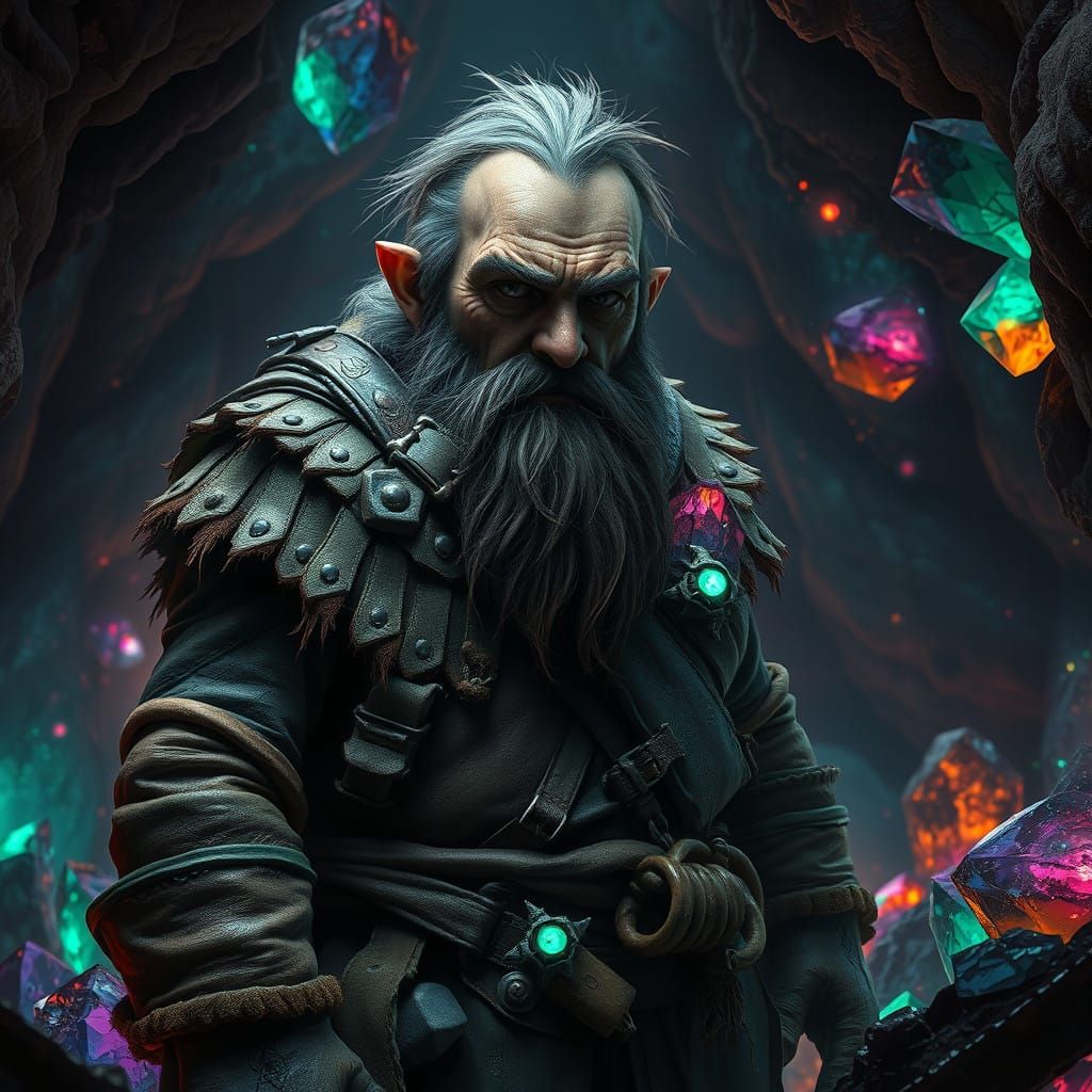 Dark Fantasy Dwarf Miner in Gemstone Cavern