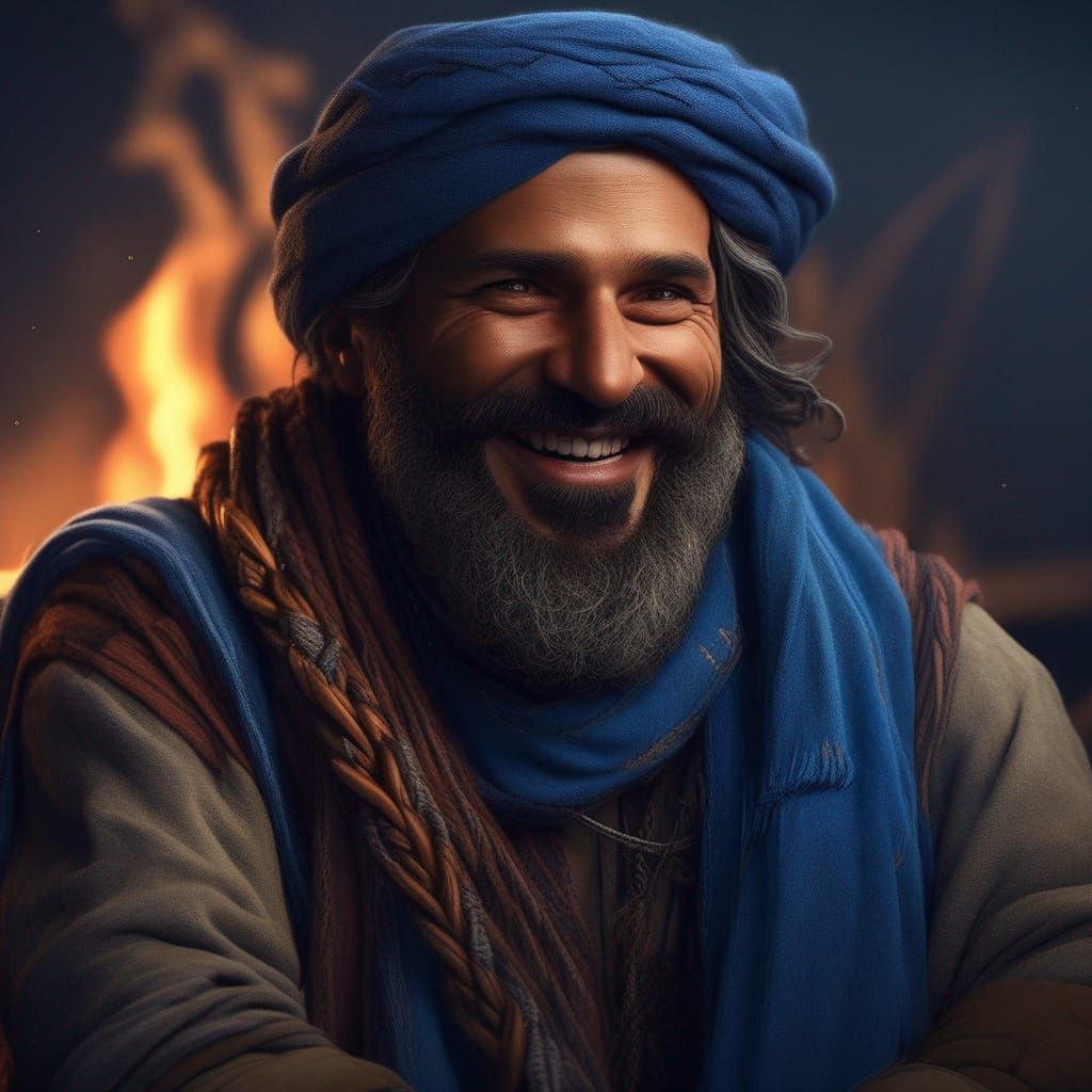 Jovial Romani Man with Braided Beard by Campfire
