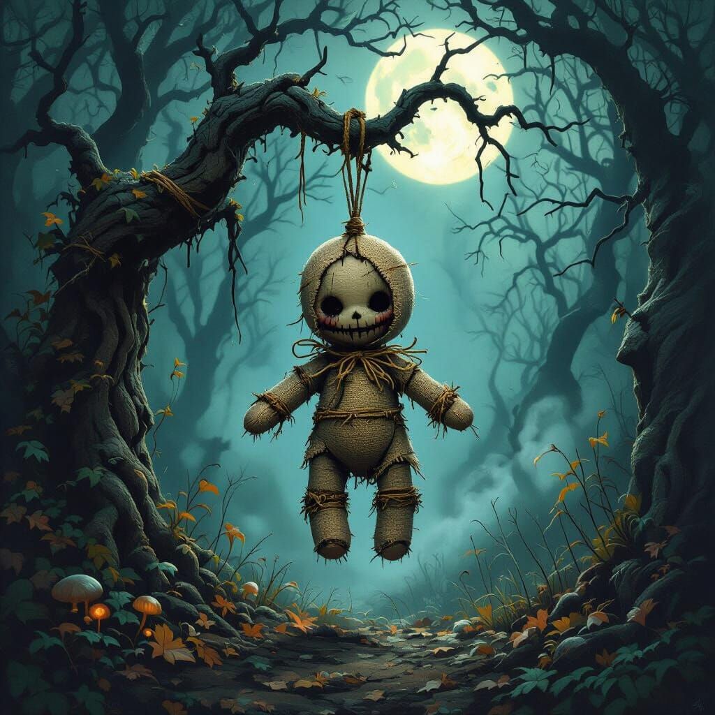 Creepy Voodoo Doll in Mystical Forest