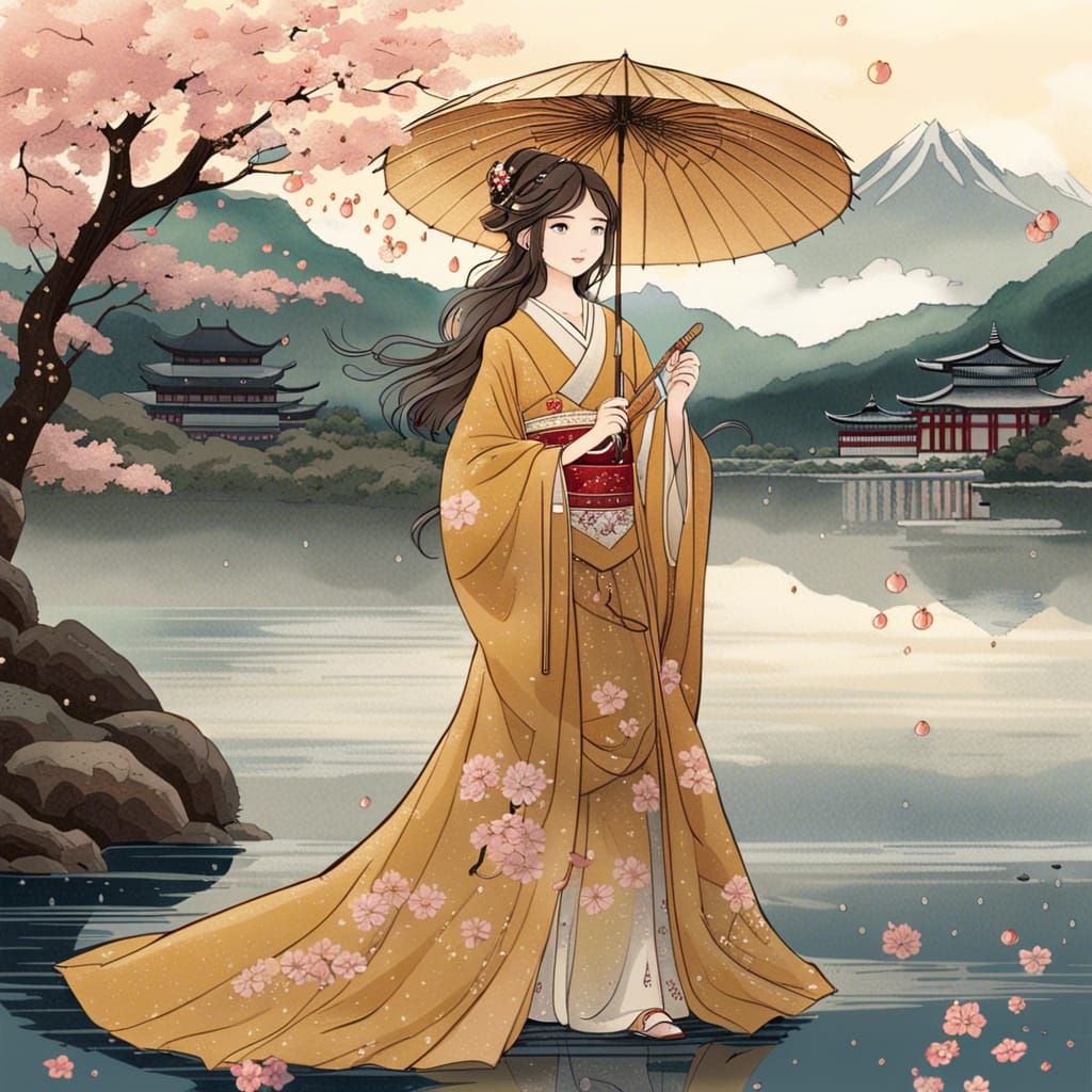 Sakura Tree, Princess in Rainstorm: Detailed Matte Painting