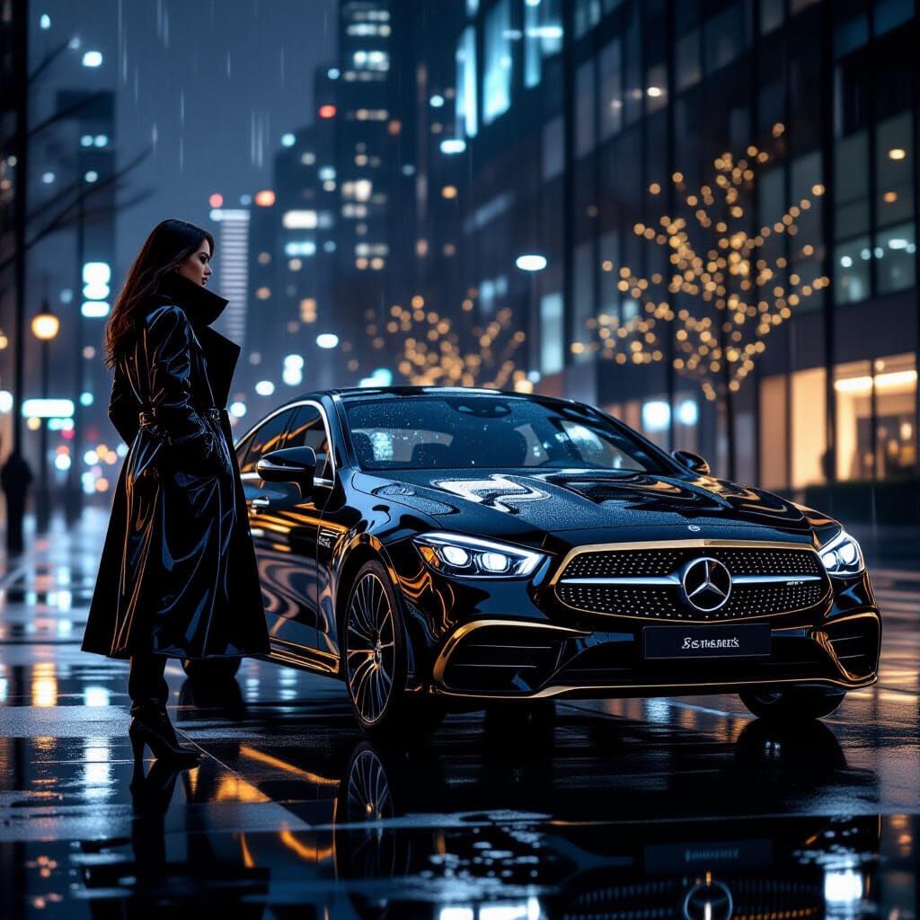 Futuristic Mercedes-Benz E-Class in Rain, Syd Mead Style