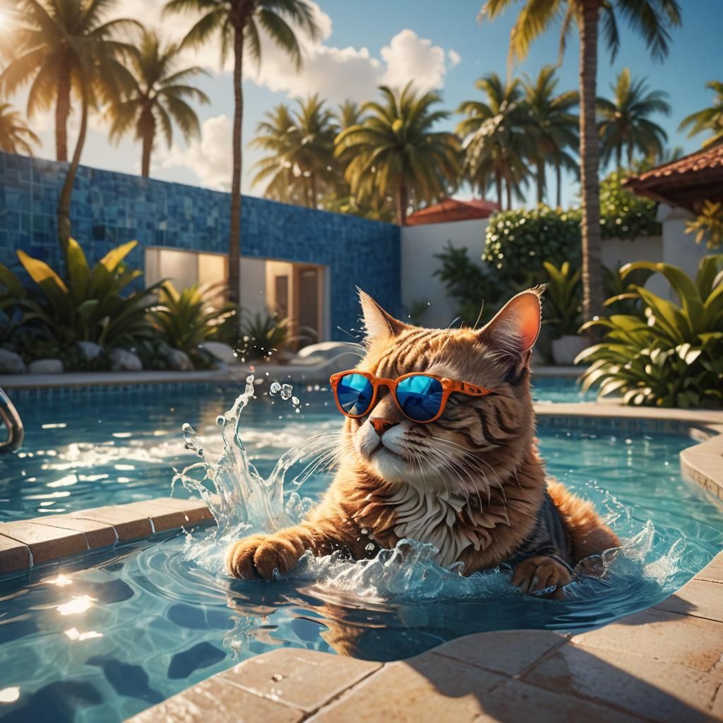 Cat with Sunglasses at the Pool: Hyper-Realistic Painting