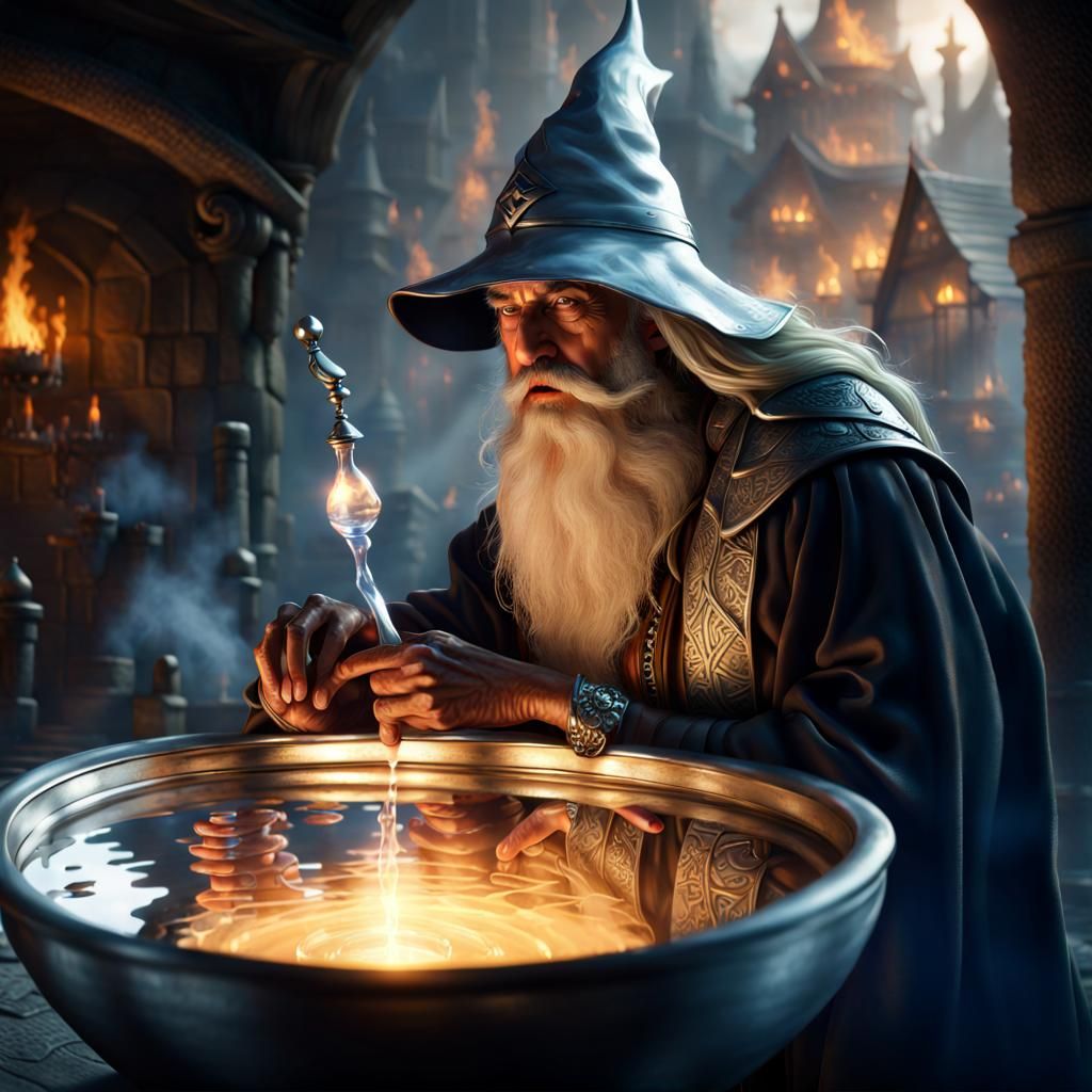 Wizard Gazing into Magic Bowl Reflecting Burning Town