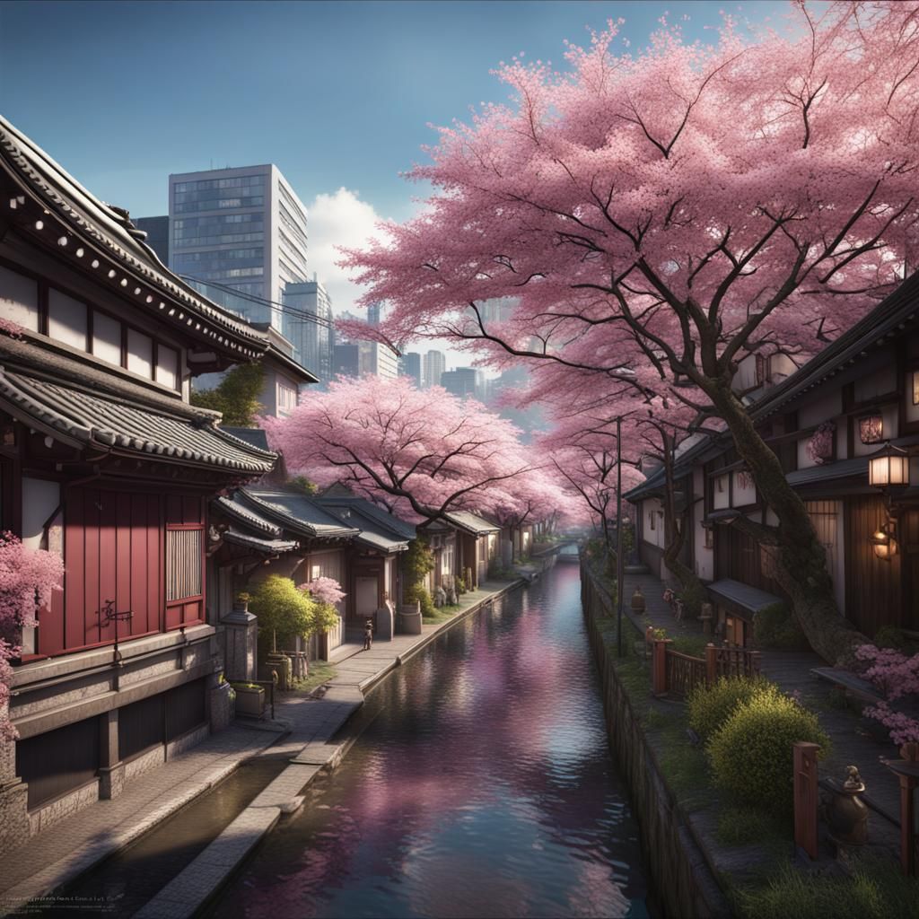 Nakameguro Cherry Blossoms: Detailed 8K Painting