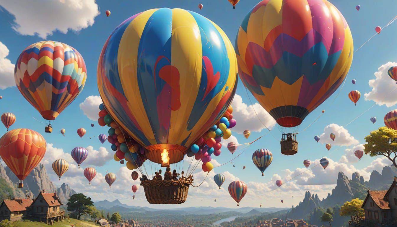 Colorful Balloons Drift Past Hot Air Balloon