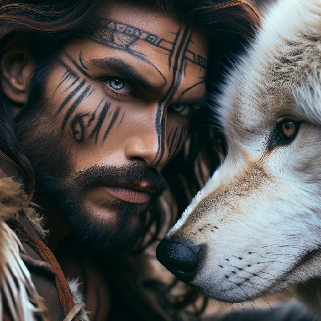 Warrior and White Wolf Portrait