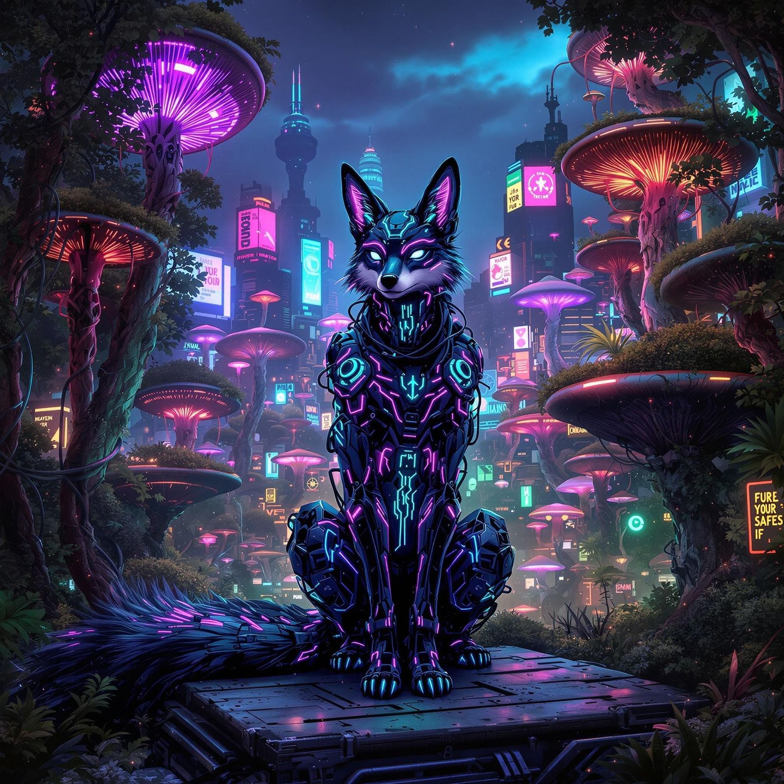 Cybernetic Fox in Neon Forest Glows with Industrial Splendor