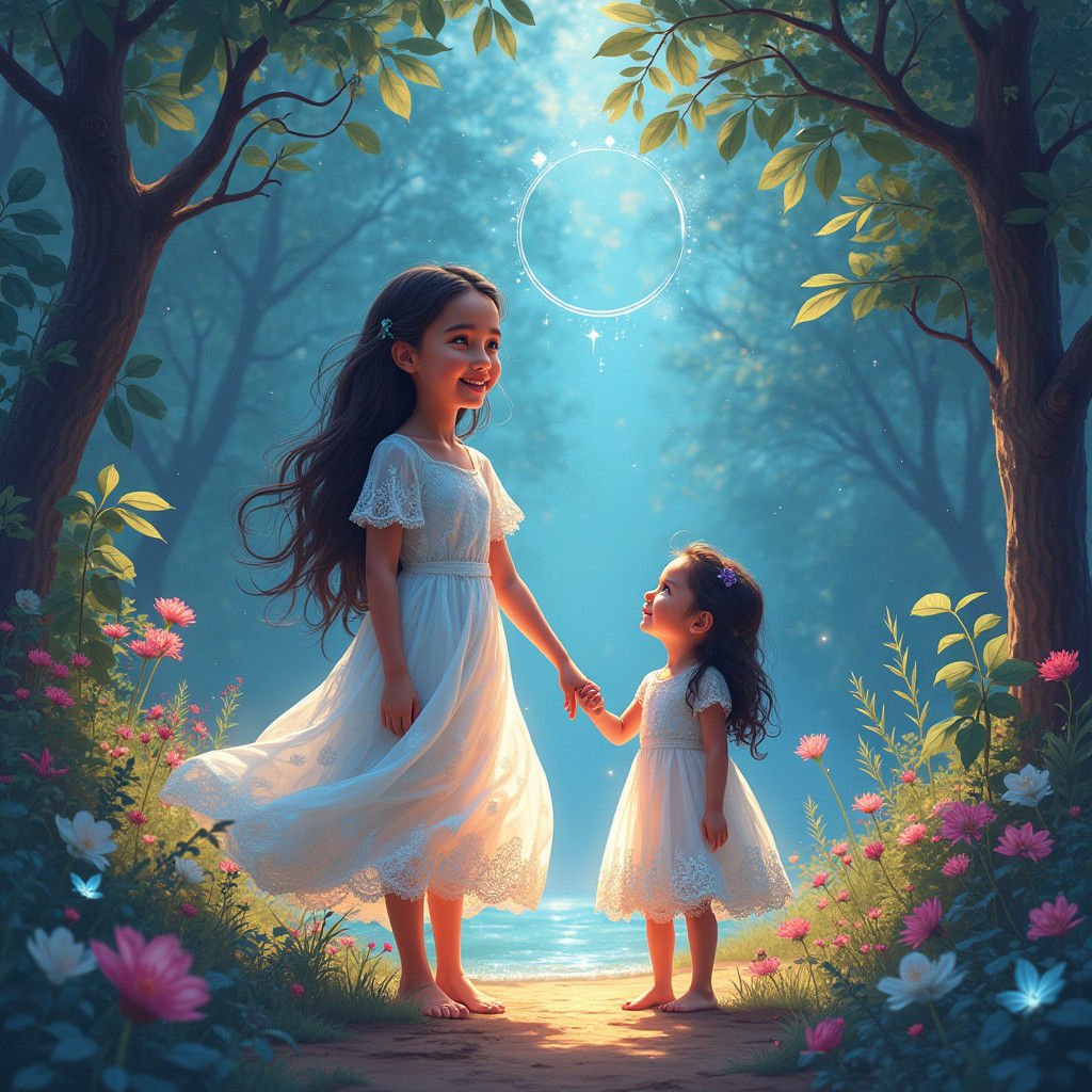 Mystical Sisters in Cosmic Forest Illustration