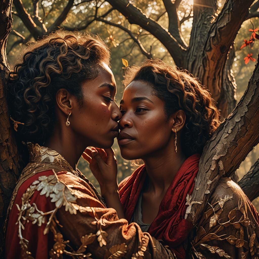 Women Kissing, Arms Become Oak Branches: Rembrandt Lighting