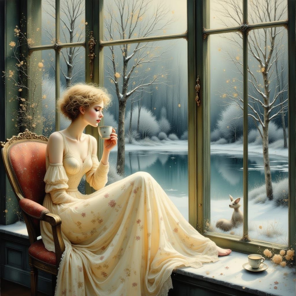 Vintage Woman in Winter Garden, Art Nouveau Style
