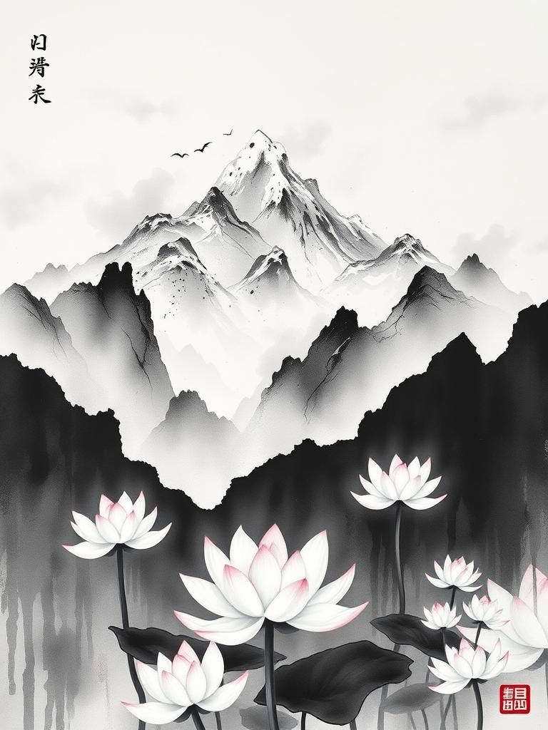 Mountain Lotus Ink Wash Painting in Japanese Style