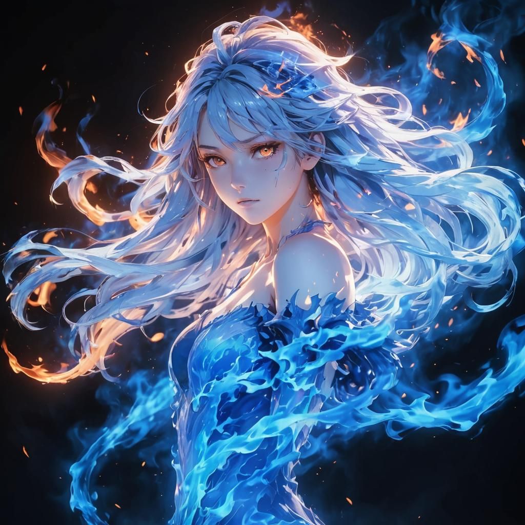 Blue Flame Girl in Fiery Inferno: Anime Style